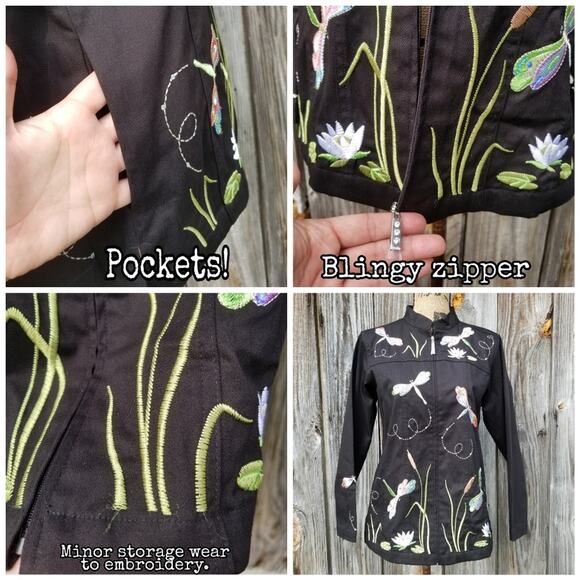 Dragonfly Embroidered Jacket Quacker Factory Size S Black Stretch Zip Front NWT - Picture 7 of 9
